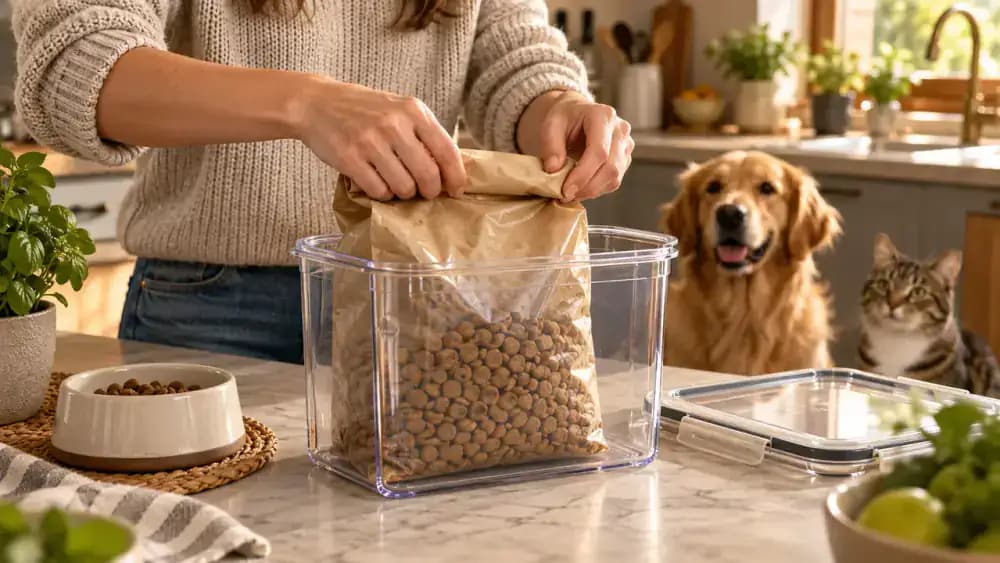 Close-up of a pet owner folding a partly used kibble bag and placing the entire original package upright inside a transparent food-safe storage container, with its lid nearby.