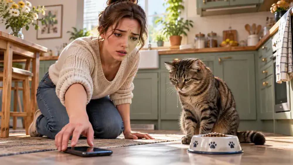 Concerned cat owner noticing drooling near an untouched food bowl and reaching for a phone