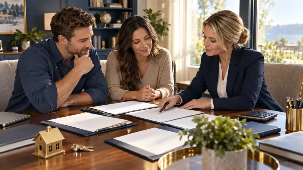 Homeowner, real estate professional, and settlement officer discussing blank documents around a conference table.