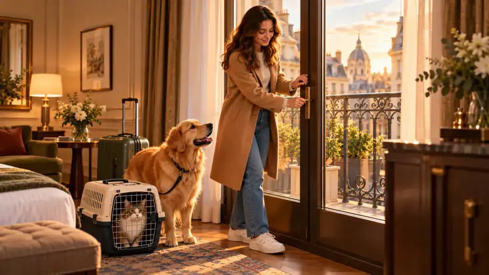 Pet owner checking a hotel window latch and screen, locking a glass balcony door, inspecting a gap behind a wardrobe, and securing the entrance while a cat remains in its carrier.