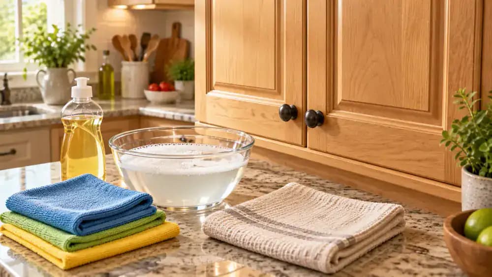 Overhead angled view of two hands arranging a blue microfiber cloth, measuring cup with warm water, mild dish soap, white microfiber cloth, and folded cotton towel on a light stone countertop in front of sealed wooden kitchen cabinets.