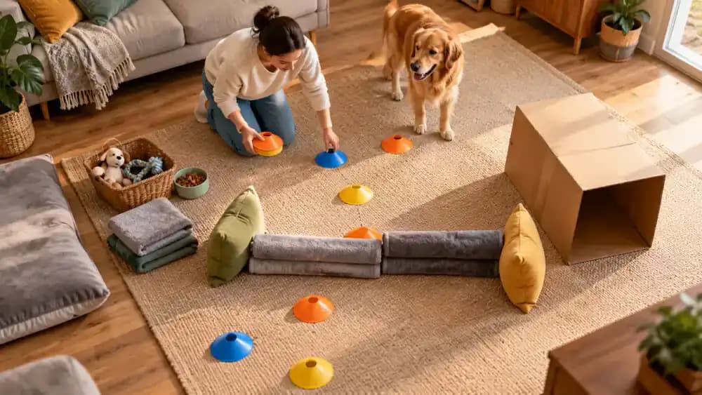 Three widely spaced plastic weaving markers, a low rolled towel, and a large cardboard tunnel with both ends open arranged on a non-slip rug.