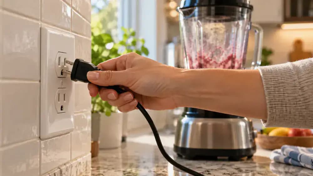 Close-up of an adult hand safely unplugging a blender from a kitchen wall outlet by gripping the insulated plug, with the blender switched off and its motor base resting on a dry countertop.