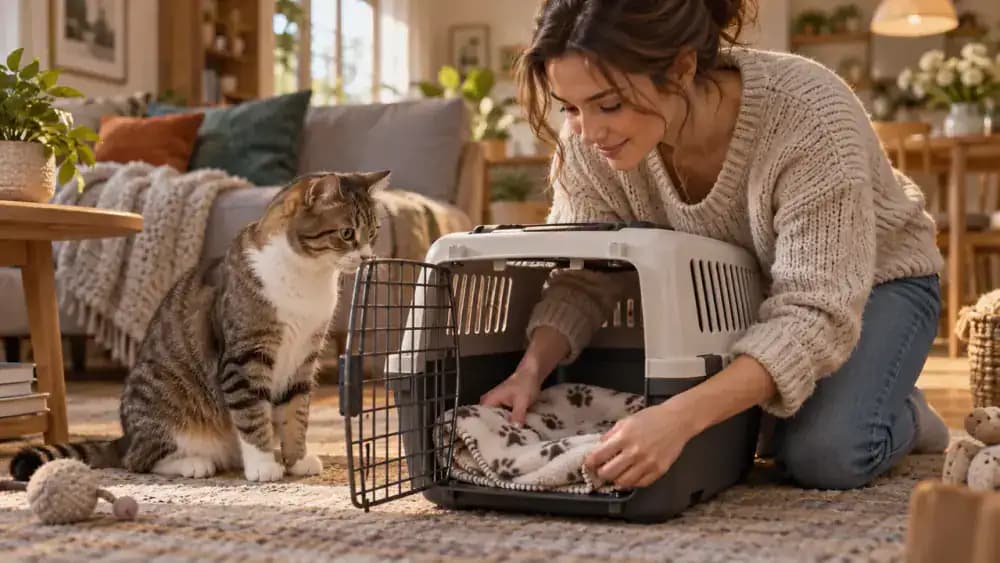 Owner placing a familiar thin blanket inside an open hard-sided cat carrier