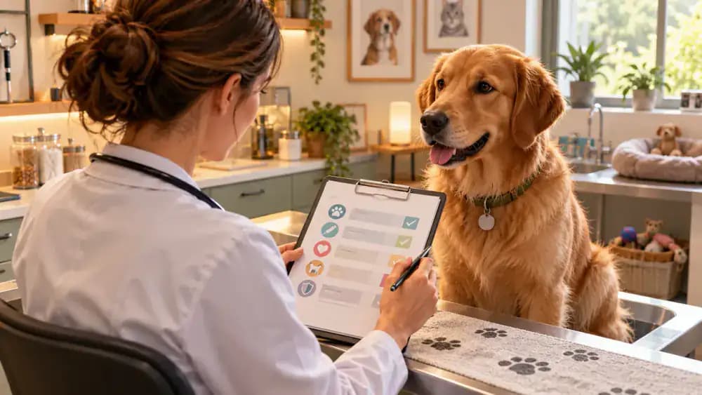 Veterinarian reviewing a dog's vaccination records with its owner, alongside health certificates, parasite prevention documents, and a labeled medication storage cabinet at a boarding facility.