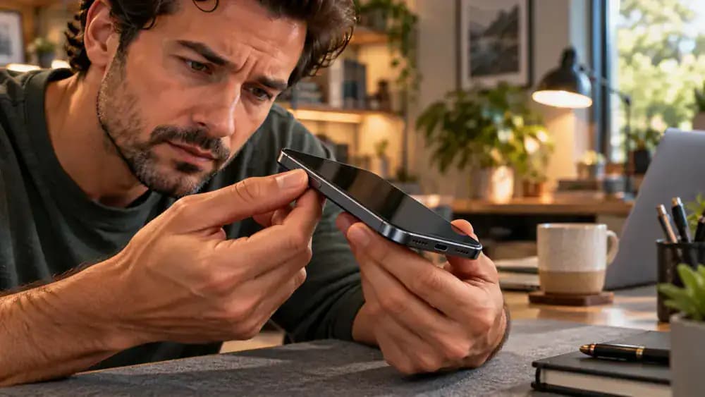 Unplugged Android smartphone resting on a microfiber mat while an adult checks its back panel and screen edges, with separate illustrative warnings for battery swelling, screen lifting, and overheating.