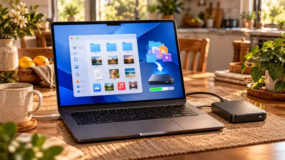 Windows 11 laptop on a dining table showing File Explorer during a backup check, with a power adapter connected and unnecessary applications closed.
