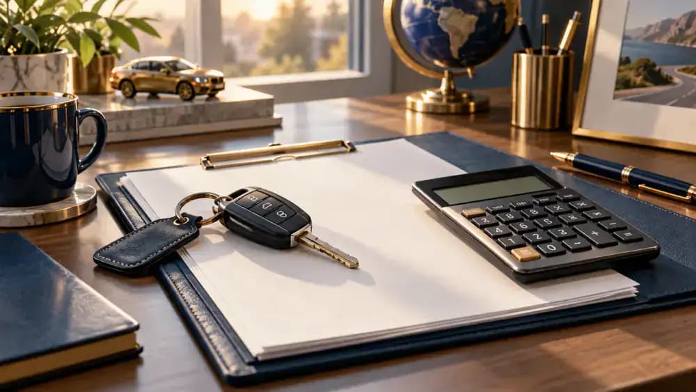 Car keys, calculator, and unmarked automobile financing documents arranged on a desk.