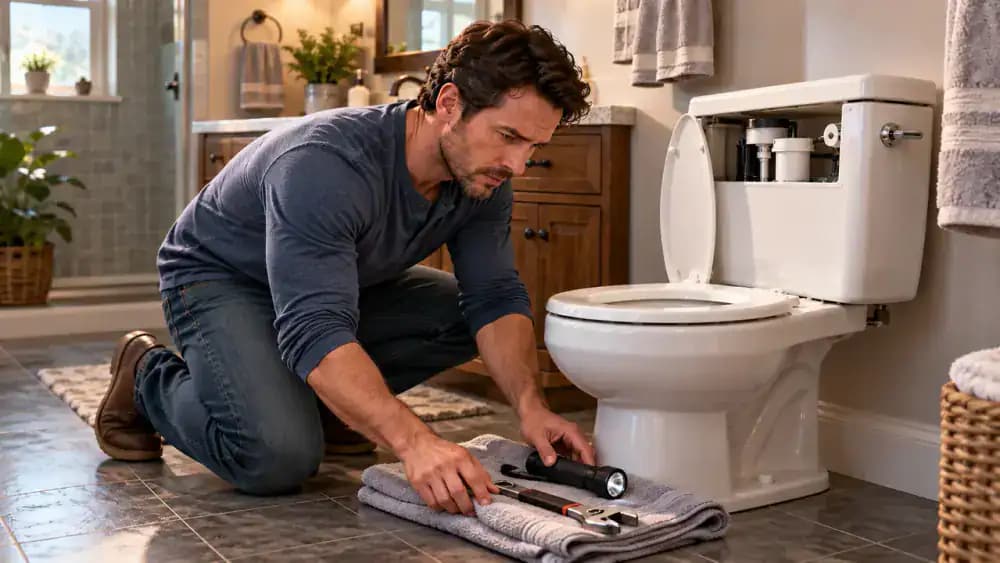 Homeowner preparing a bathroom workspace beside a closed white toilet tank, with a thick towel spread across the countertop, a flashlight and adjustable wrench nearby, and a clean, dry tile floor cleared of obstacles.