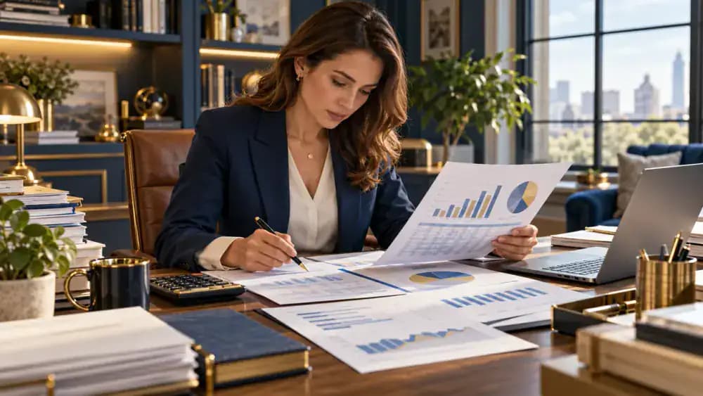 An accountant examining financial spreadsheets and abstract charts at a modern office desk.