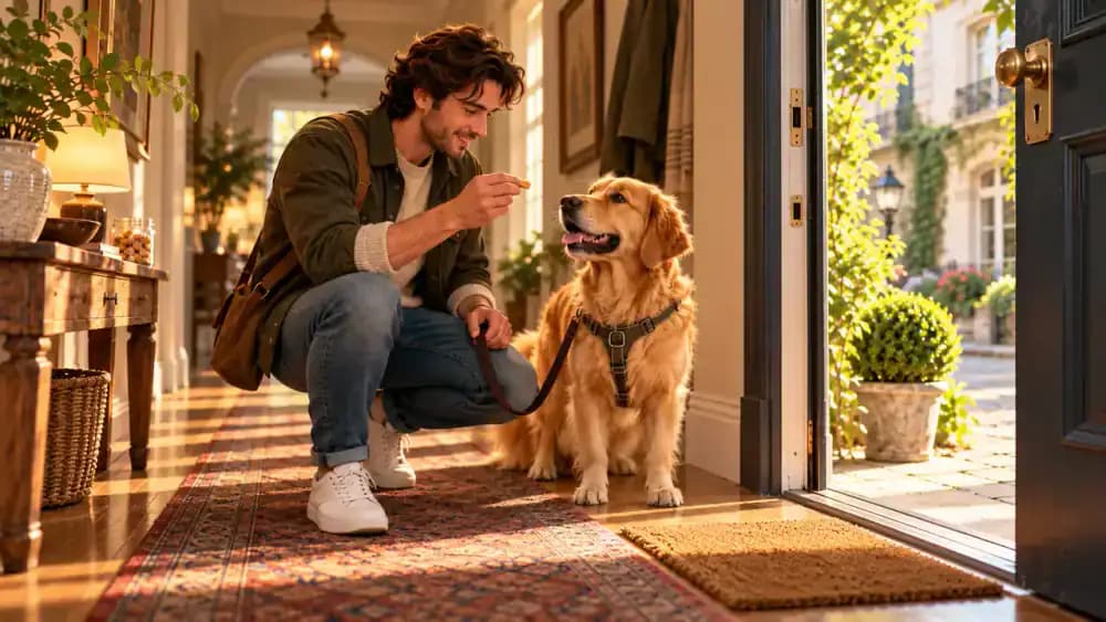 A dog pausing just before an interior doorway while its owner stands beside it and offers a small treat away from the threshold.