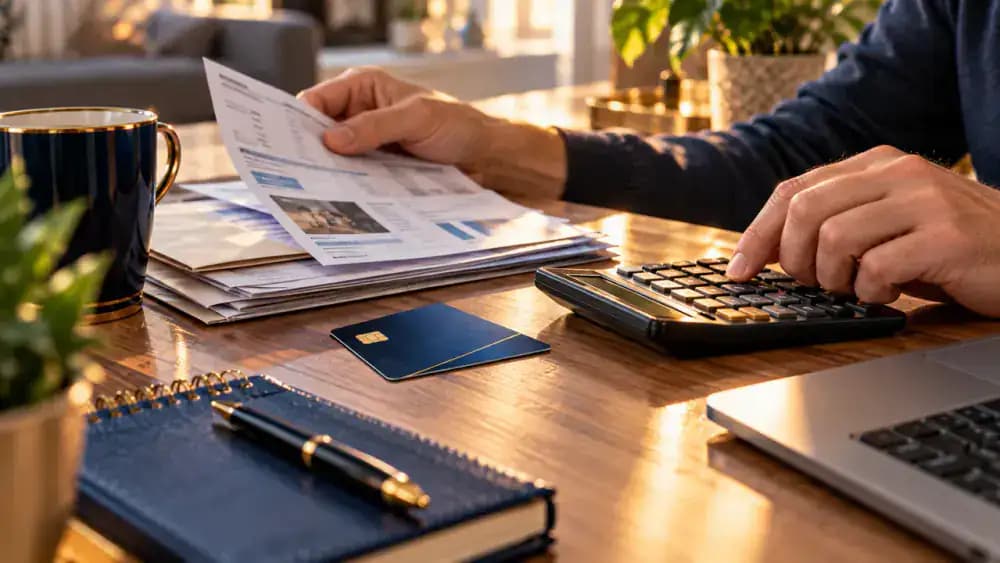 Credit card, unpaid bills, and calculator representing the immediate costs of a missed payment.