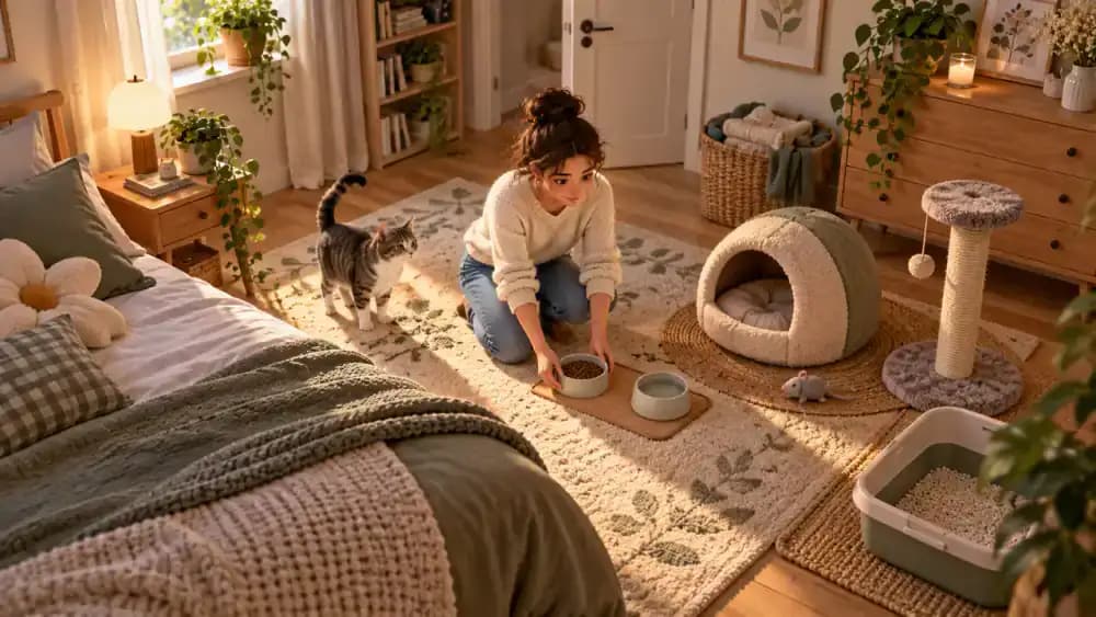 Prepared bedroom with cat litter box, separate bowls, scratching post, covered bed, and elevated shelf