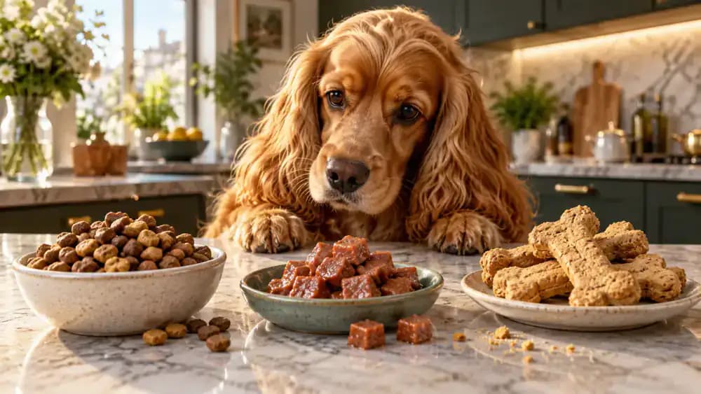 Cocker Spaniel sniffing separate servings of dry kibble, miniature soft meat treats, and large crunchy biscuits while its owner checks a treat's softness on a kitchen countertop.