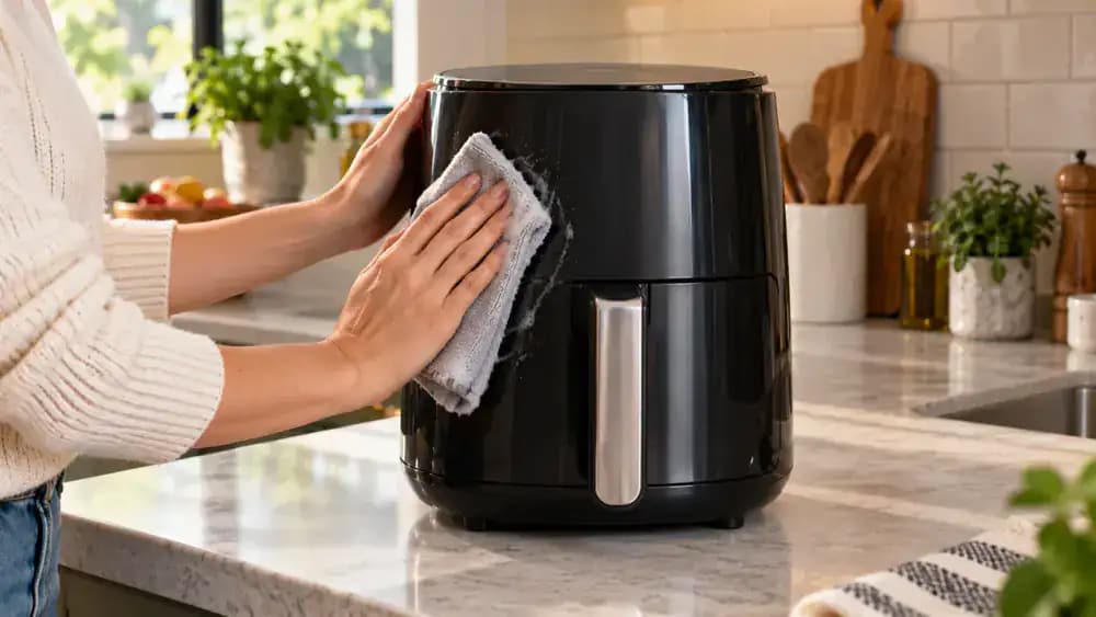 Hand wringing out a lightly dampened microfiber cloth over warm soapy water before wiping the solid exterior housing of an appliance away from buttons, vents, seams, and the cord connection.
