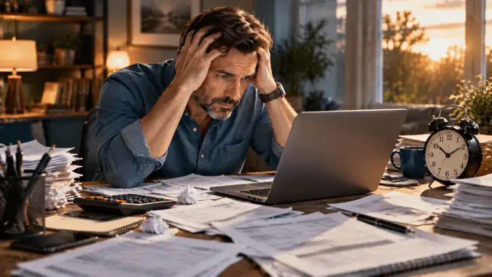Frustrated taxpayer looking at a laptop with tax papers spread across a desk and a clock nearby.
