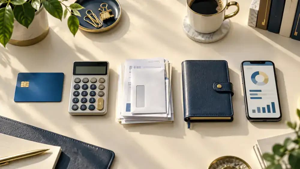 Five neatly arranged financial objects representing credit reports, utilization, fees, payments, and account policies.