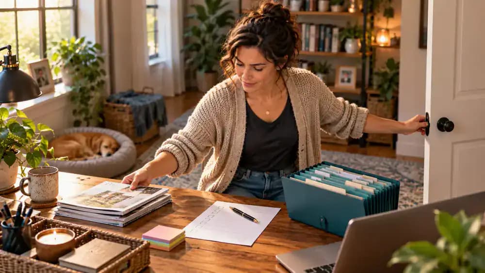 Adult patient clearing a wooden desk, arranging a document folder, black pen, sticky notes, and blank appointment checklist, then positioning a laptop away from the doorway in a private home study.