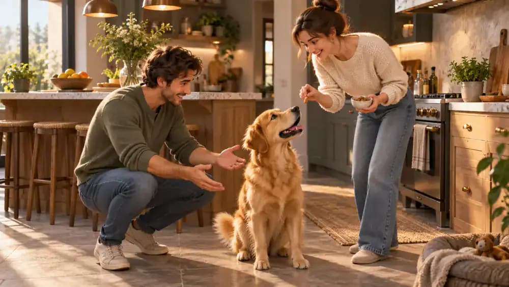 Two family members agreeing on a recall word beside their golden retriever in the kitchen