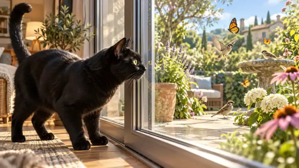 Black domestic shorthair cat watching sparrows and a butterfly in a garden through a securely closed glass patio door, with a neighbor walking in the distance.