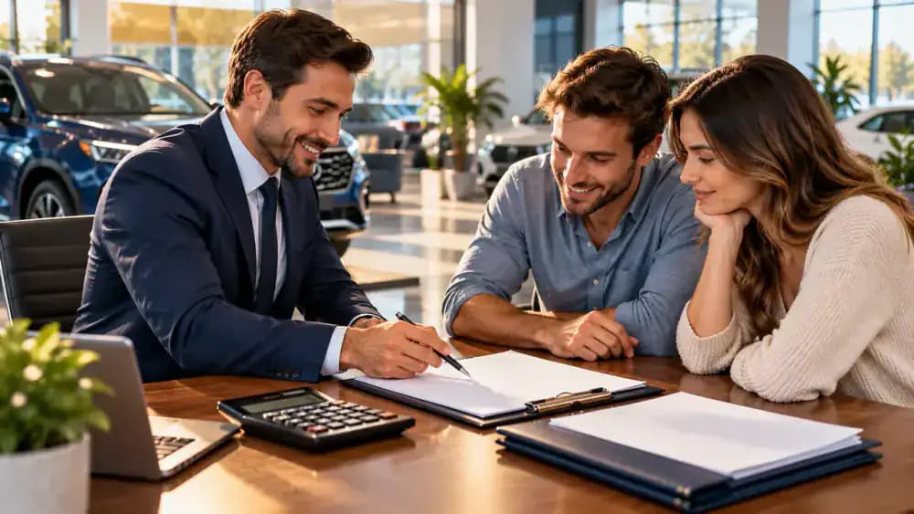 Dealership finance representative explaining a financing agreement to a prospective car buyer.