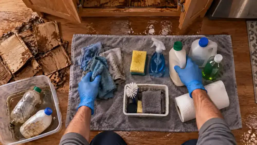 Overhead three-quarter view of a person wearing protective gloves sorting supplies beside an open kitchen sink cabinet, placing dry cleaning bottles and sponges on a white towel, soaked cardboard in a disposal bag, and a leaking bottle upright in a plastic containment tray.