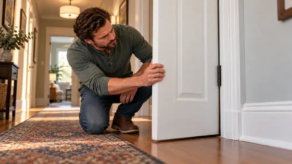 Low-angle view of a homeowner gently closing a white interior door in an American hallway, inspecting the tight gap near the lower latch-side corner above a hardwood floor.