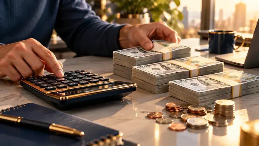 Calculator with neatly stacked dollar bills and coins representing payday loan finance charges.