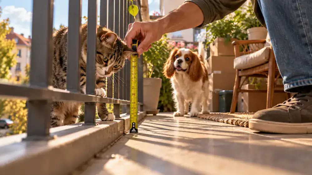 Close-up of a balcony railing gap being measured with a tape measure, with a nearby chair, planter, and stacked boxes identified as potential climbing hazards.