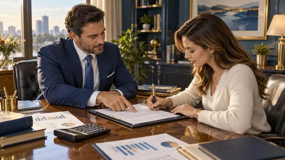 Two people signing the same loan contract at a bank desk