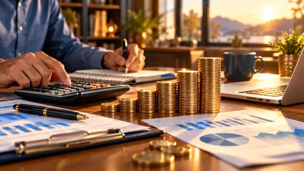 Increasing stacks of coins beside a calculator illustrating predictable fixed annuity growth.