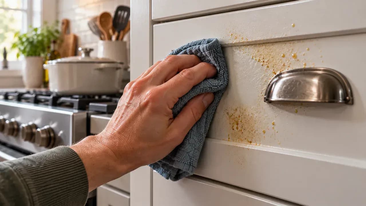 Close-up of a hand holding a lightly damp microfiber cloth against greasy buildup around a painted cabinet drawer pull without scrubbing.