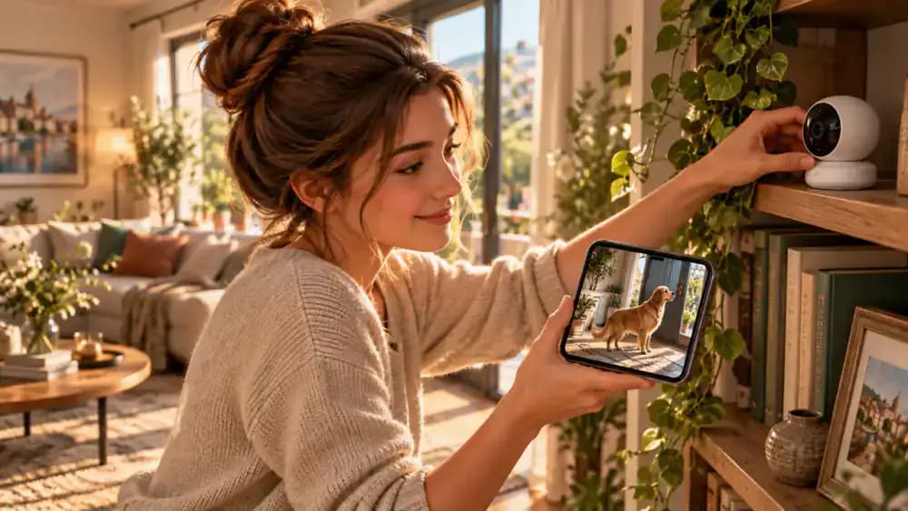 Emma adjusts a small pet camera on a bookshelf overlooking the living room and front door while her phone displays Bailey pacing near the entrance.