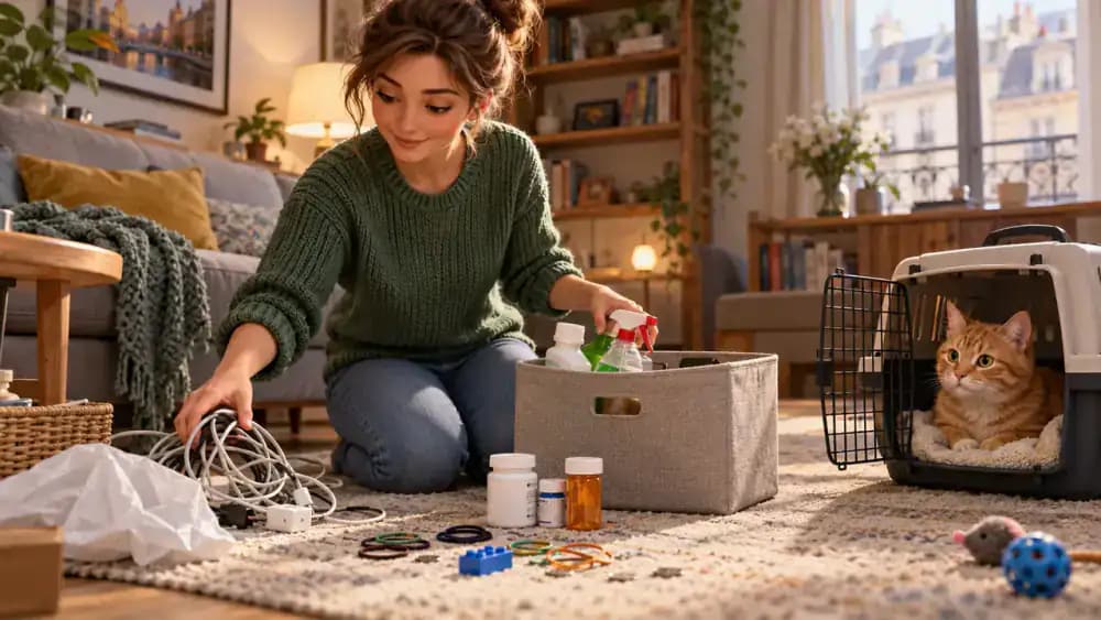 Person removing cords and household hazards from a cat starter room