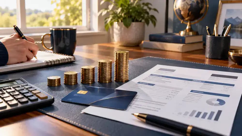 Stack of coins growing beside a credit card