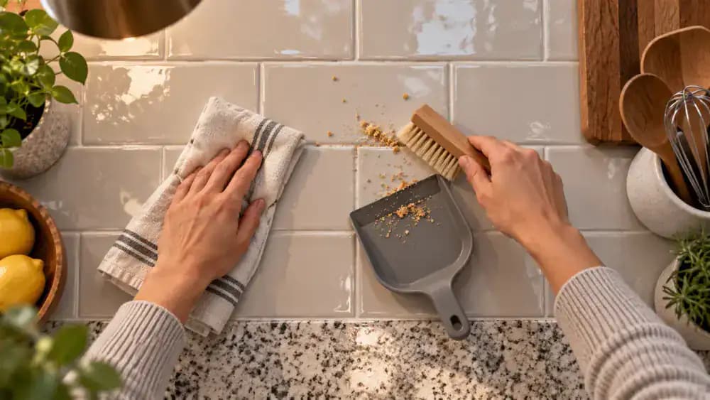 Overhead view of a dry kitchen backsplash being cleaned with a microfiber cloth and soft brush while dust is swept from grout lines and metal trim into a handheld dustpan.