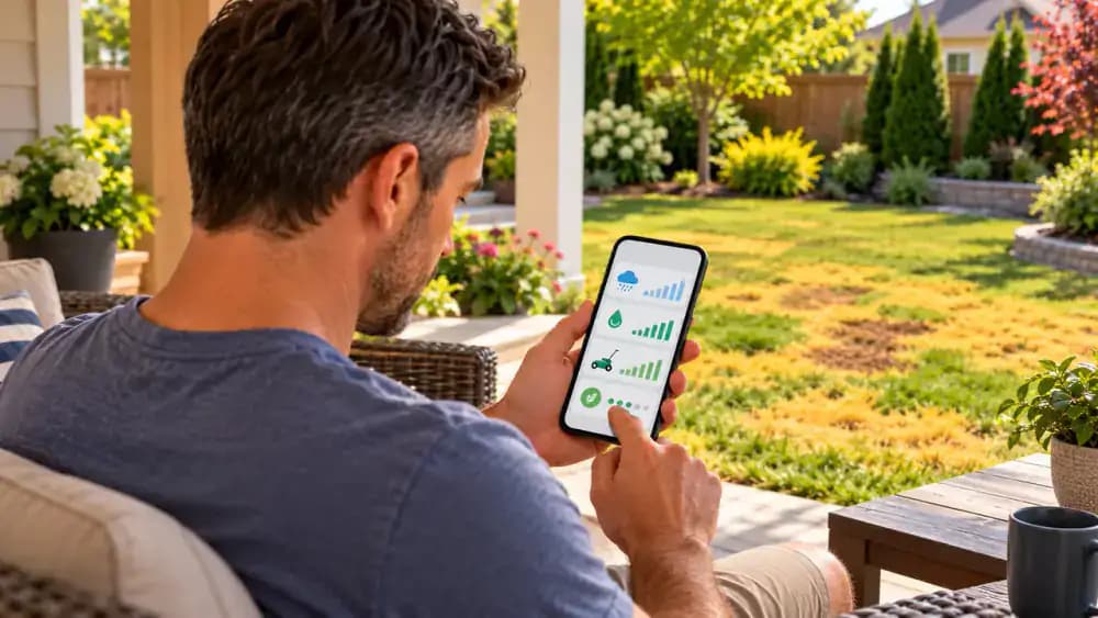Homeowner reviewing a lawn care calendar on a smartphone beside a paper notebook, with rainfall notes, sprinkler schedules, and mowing dates visible.