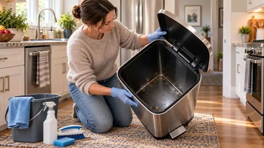Gloved person tilting an empty trash can in a clear cleaning area beside a bucket, soft brush, and cleaning supplies to access bottom seams and corners.