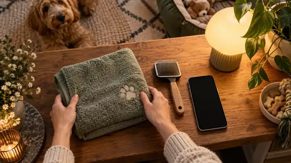 Soft towel, pet comb, smartphone, and lamp arranged near a resting golden retriever