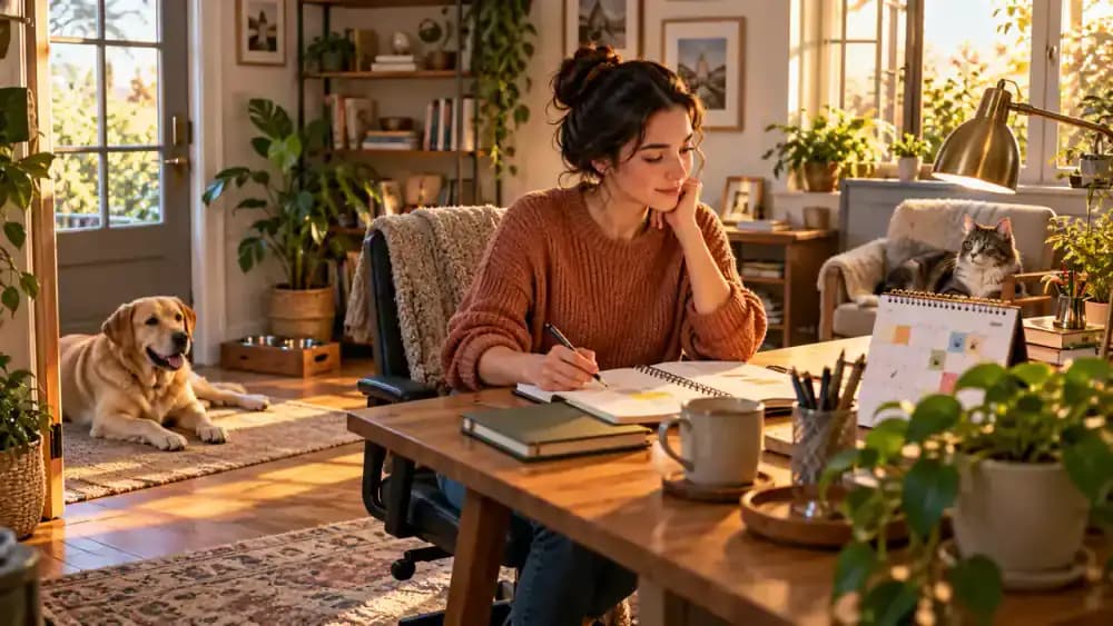 An adult reviews a weekly household planner at a home office desk, with a wall clock and work calendar showing morning and evening commitments. A Labrador relaxes on a rug while a tabby cat rests on a sunny windowsill.