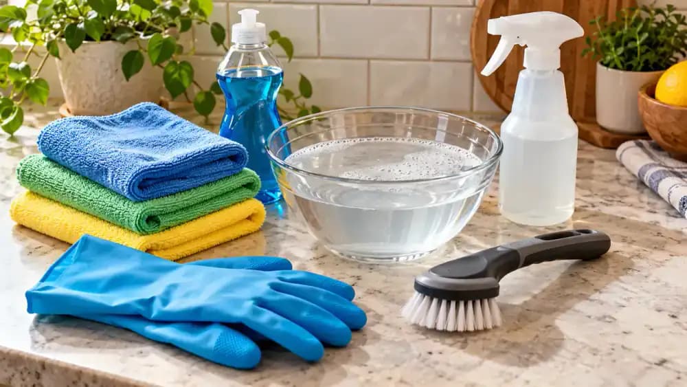 Overhead view of blue-gloved hands arranging two microfiber cloths, a bowl of warm water, mild dish soap, a soft nylon grout brush, and a non-acidic tile and grout cleaner on a kitchen countertop while checking the cleaner label.