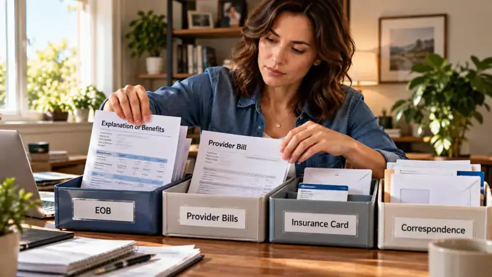 Person organizing fictional health insurance paperwork at a home office desk, sorting an Explanation of Benefits, provider bill, sample insurance card, and claim correspondence into a paper organizer.