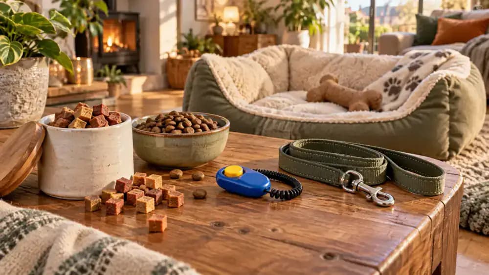A low table beside a dog bed holding small training treats, pieces of kibble, a leash, and a clicker.
