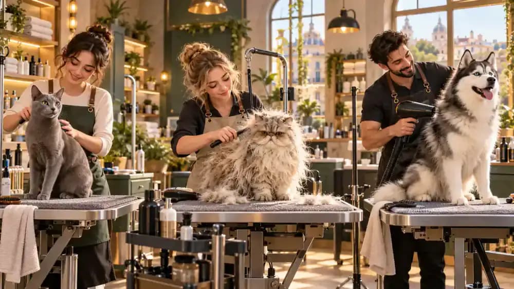 Three grooming stations displaying a sleek domestic shorthair cat, a fluffy Persian cat with minor tangles, and a Siberian Husky whose dense undercoat is gently separated by a groomer.