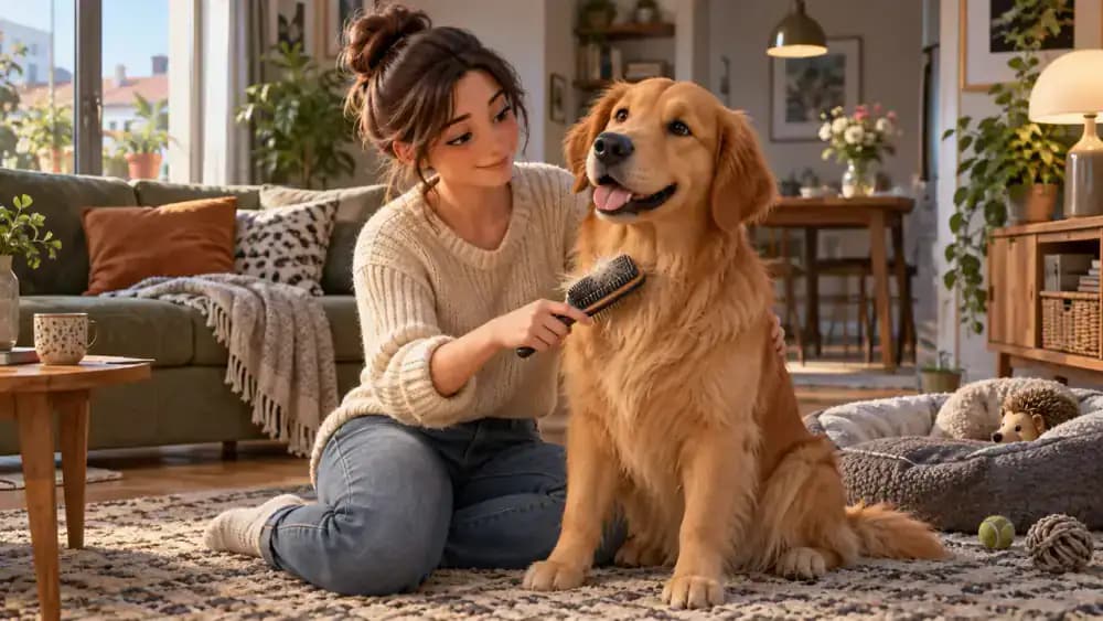 Owner gently brushing a dog while loose fur collects in the brush