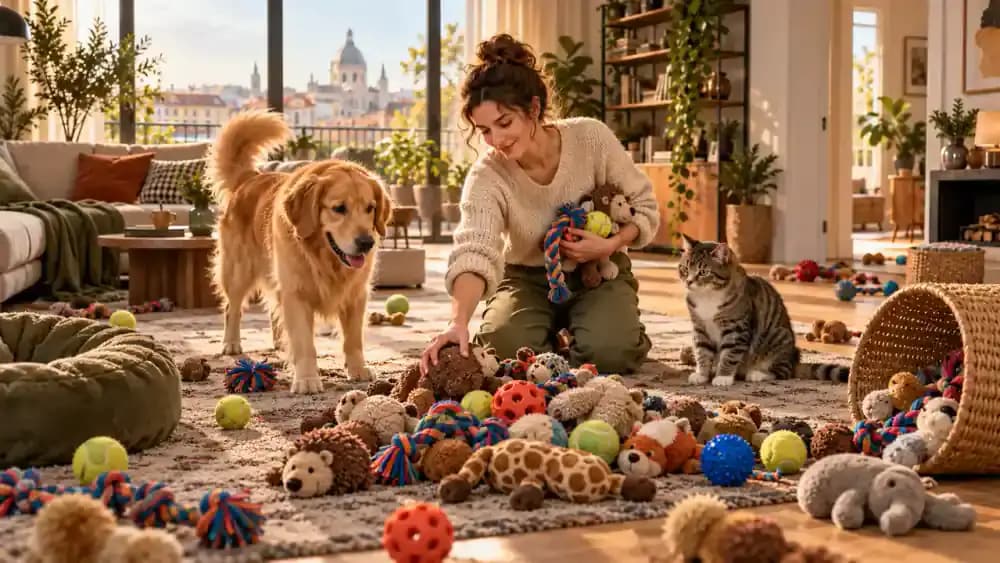 Pet owner gathering dog and cat toys from around a living room
