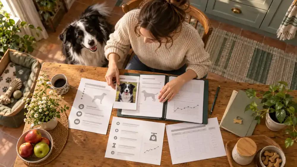 Owner completing an identification profile with a photograph and measurements for a black and white border collie