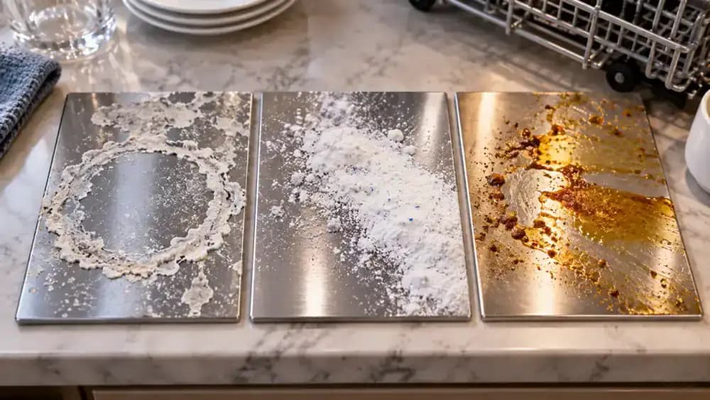 Three labeled dishwasher residue samples on a kitchen worktable showing chalky white mineral scale on stainless steel, powdery detergent film on dark plastic, and greasy residue with food particles on metal, while gloved hands use separate damp microfiber cloths.