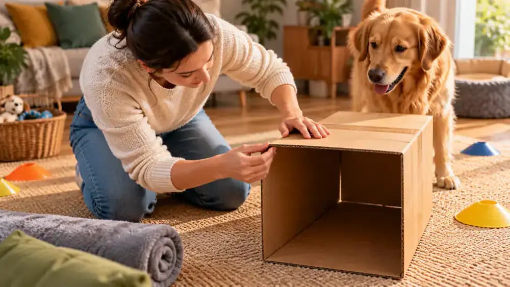 Owner testing a plastic marker, securing a rolled towel, and inspecting a wide cardboard tunnel for sharp edges while the dog waits nearby.