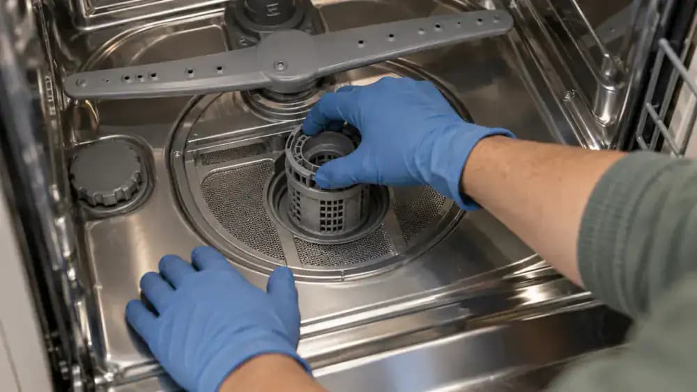 Top-down close-up of a gloved hand gently rotating a cylindrical dishwasher filter counterclockwise toward the visible unlock marking inside the tub.